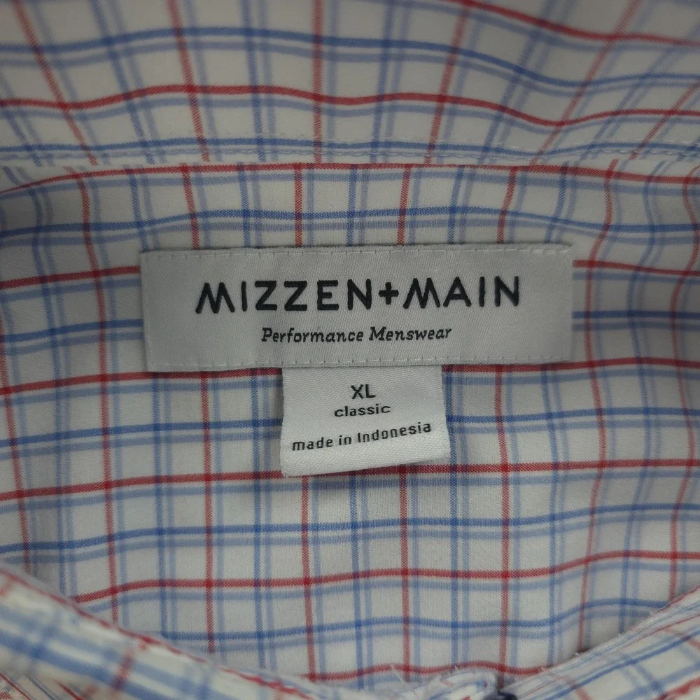 Mizzen‎ Main Shirt Mens XL White Check Performance Stretch Classic Fit Dress